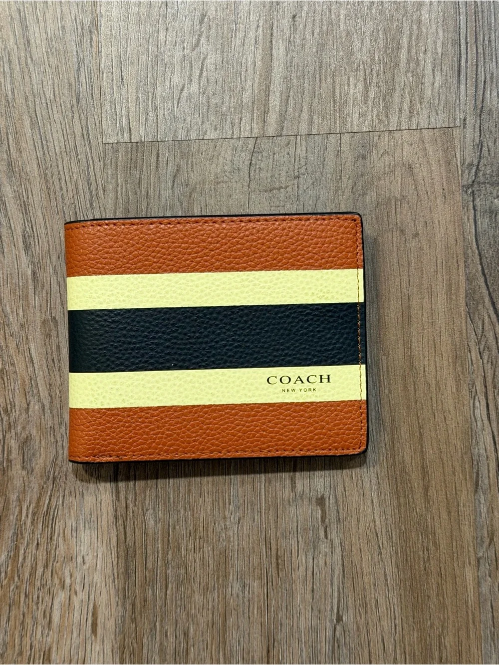 COACH Men’s Striped Leather Bifold Wallet — Brown/Black/Cream